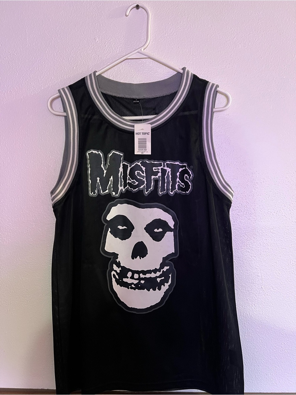 Hot Topic Black Misfits Mesh Jersey with White Skull Graphic